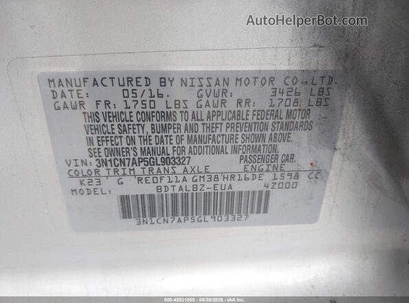 3N1CN7AP5GL903327 2016 NISSAN VERSA Silver Widok komory silnika