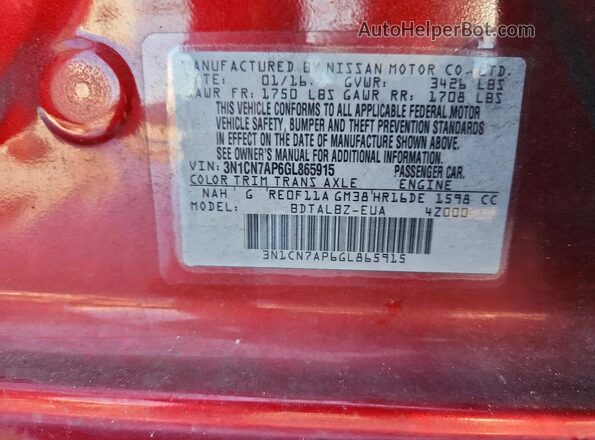 3N1CN7AP6GL865915 2016 NISSAN VERSA Red Вид підкапотного простору