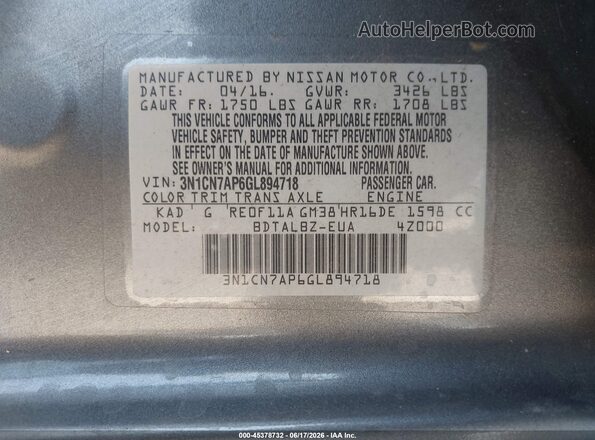 3N1CN7AP6GL894718 2016 NISSAN VERSA Gray Widok komory silnika