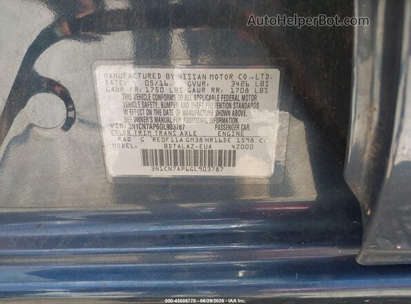 3N1CN7AP6GL903787 2016 NISSAN VERSA Dark Blue Շարժիչի բաժամունքի տեսք