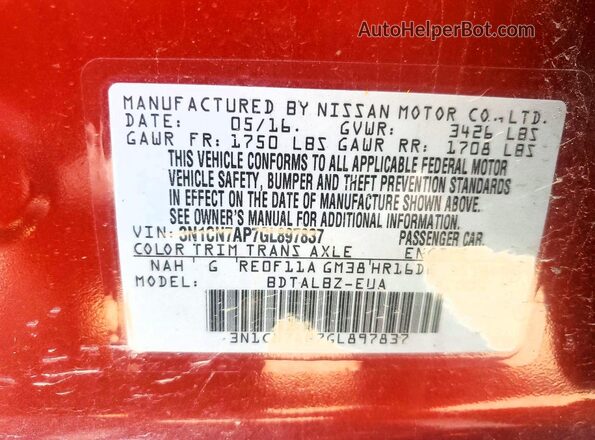 3N1CN7AP7GL897837 2016 NISSAN VERSA Красный Вид наклейки с VIN-кодом