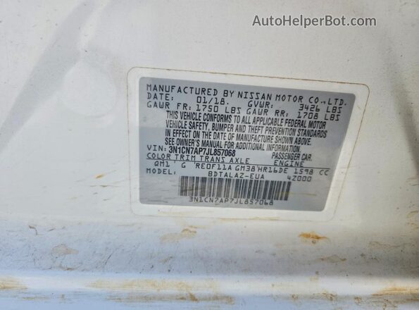 3N1CN7AP7JL857068 2018 NISSAN VERSA White 