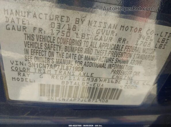 3N1CN7AP7JL871908 2018 NISSAN VERSA Dark Blue 