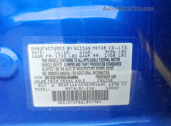 3N1CN7AP8GL844984 2016 NISSAN VERSA Blue Widok naklejki z numerem VIN