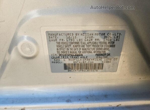 3N1CN7AP8GL850378 2016 NISSAN VERSA Серебряный Вид наклейки с VIN-кодом