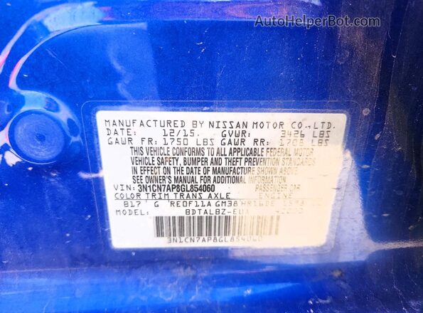 3N1CN7AP8GL854060 2016 NISSAN VERSA Blue Вид підкапотного простору