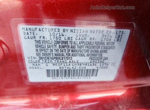 3N1CN7AP8HL817513 2017 NISSAN VERSA Red ძრავის განყოფილების ხედი