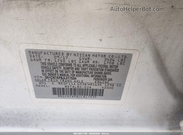 3N1CN7AP8JL817534 2018 NISSAN VERSA Белый Вид подкапотного пространства