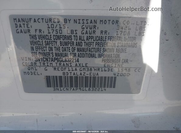 3N1CN7AP9GL832214 2016 NISSAN VERSA White Engine compartment view