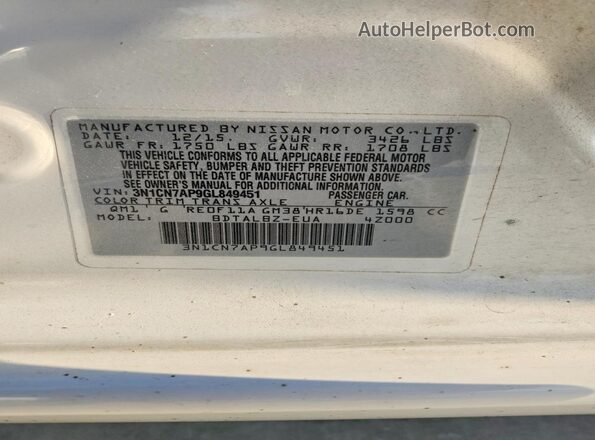 3N1CN7AP9GL849451 2016 NISSAN VERSA Белый 