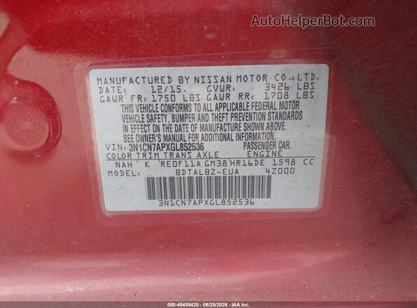 3N1CN7APXGL852536 2016 NISSAN VERSA Red Vista del compartimento del motor