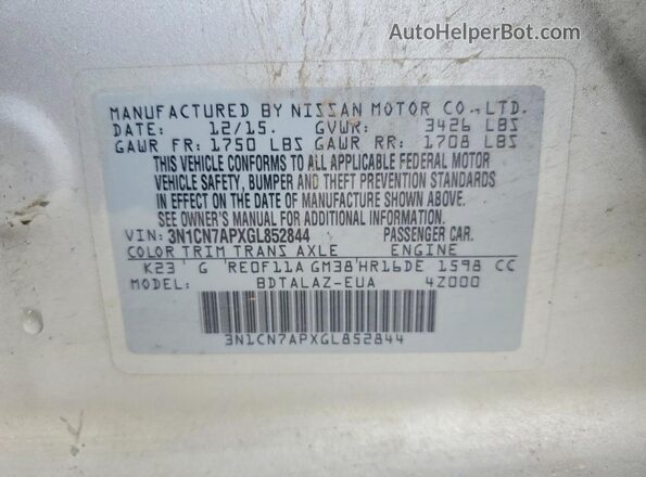 3N1CN7APXGL852844 2016 NISSAN VERSA Silver VIN կոդի պիտակի տեսք