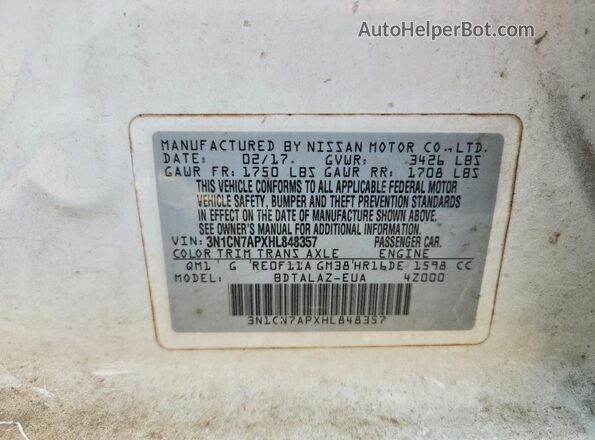 3N1CN7APXHL848357 2017 NISSAN VERSA White Vista de la etiqueta del VIN