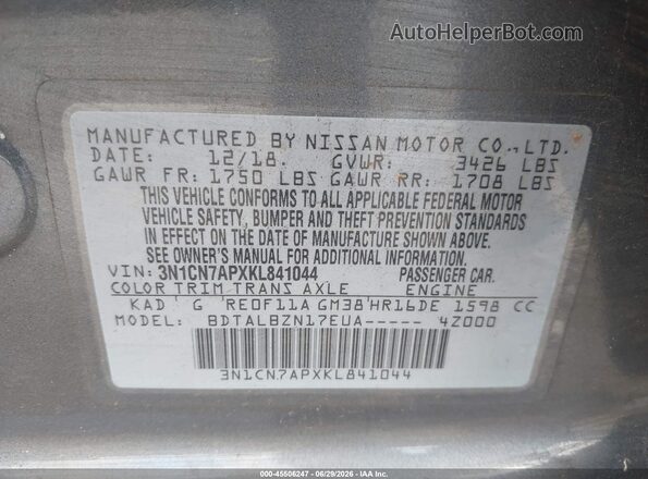 3N1CN7APXKL841044 2019 NISSAN VERSA Серый Вид подкапотного пространства