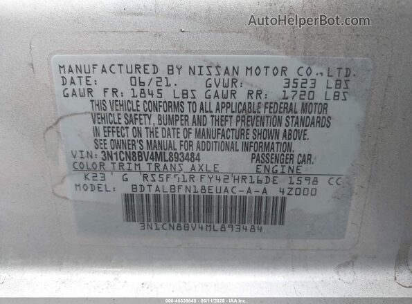 3N1CN8BV4ML893484 2021 NISSAN VERSA Silver Շարժիչի բաժամունքի տեսք