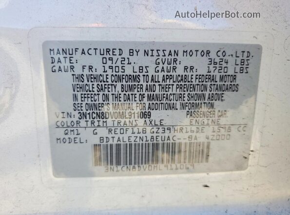3N1CN8DV0ML911069 2021 NISSAN VERSA White 