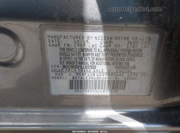 3N1CN8DV1LL837532 2020 NISSAN VERSA Gray Вид підкапотного простору