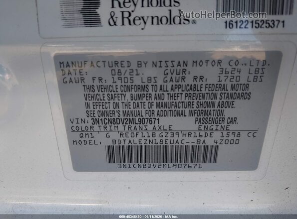 3N1CN8DV2ML907671 2021 NISSAN VERSA White Вид підкапотного простору