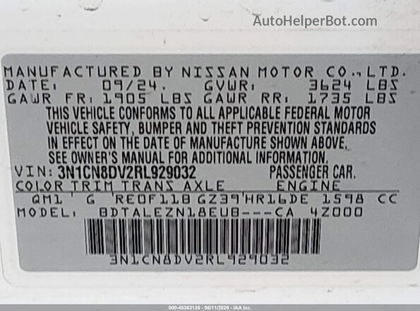 3N1CN8DV2RL929032 2024 NISSAN VERSA White Շարժիչի բաժամունքի տեսք