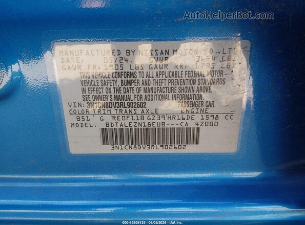 3N1CN8DV3RL902602 2024 NISSAN VERSA Blue Widok komory silnika