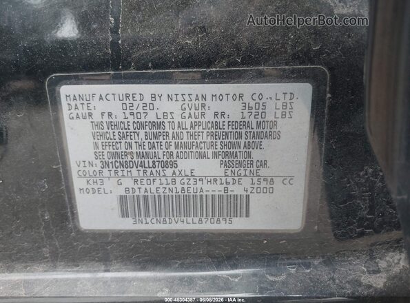 3N1CN8DV4LL870895 2020 NISSAN VERSA Black ძრავის განყოფილების ხედი
