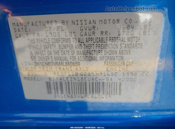 3N1CN8DV6ML860659 2021 NISSAN VERSA Blue 