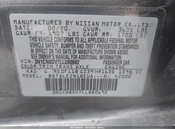 3N1CN8DV7LL880692 2020 NISSAN VERSA Gray Widok komory silnika