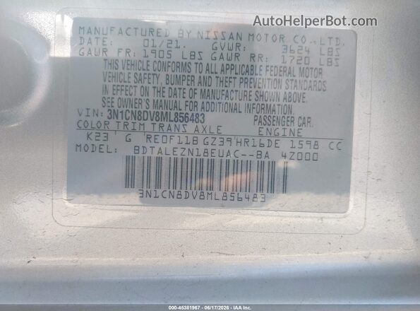 3N1CN8DV8ML856483 2021 NISSAN VERSA Silver ძრავის განყოფილების ხედი