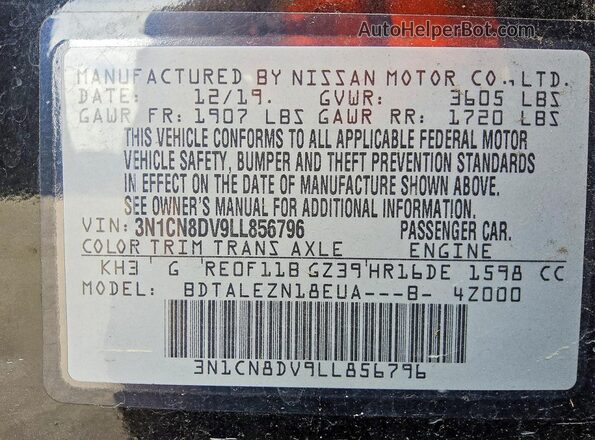 3N1CN8DV9LL856796 2020 NISSAN VERSA Black Widok komory silnika