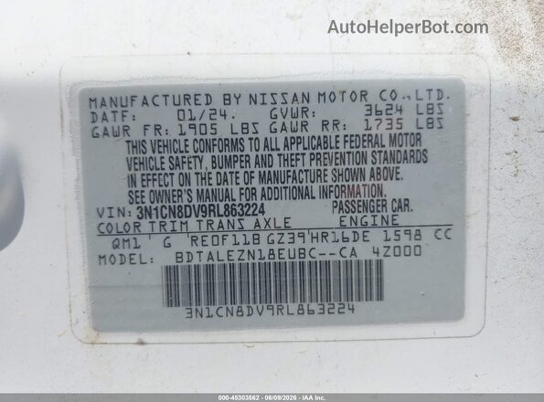 3N1CN8DV9RL863224 2024 NISSAN VERSA White Vista del compartimento del motor