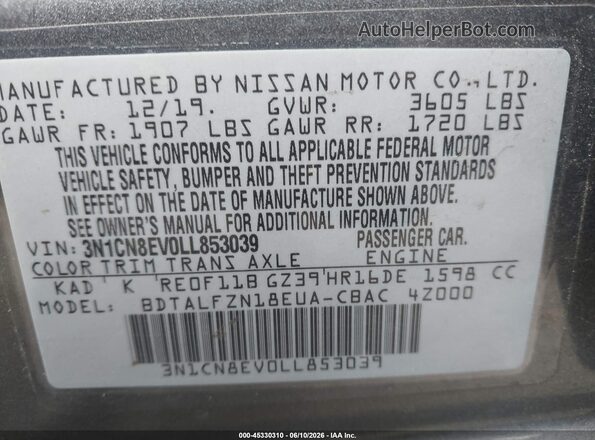 3N1CN8EV0LL853039 2020 NISSAN VERSA Gray Widok komory silnika