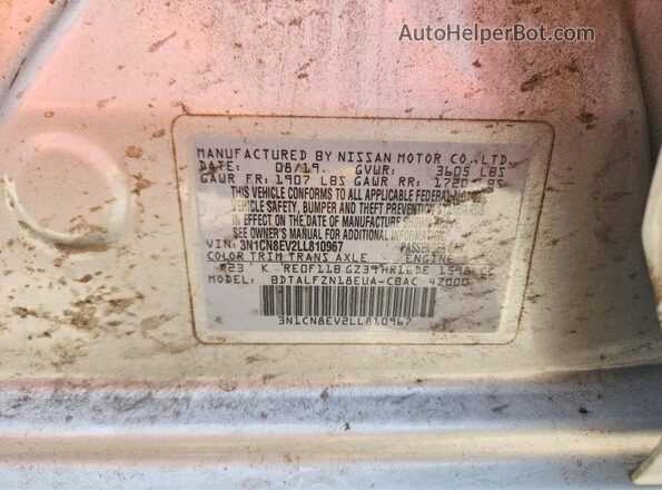 3N1CN8EV2LL810967 2020 NISSAN VERSA Silver 