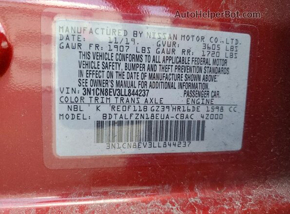 3N1CN8EV3LL844237 2020 NISSAN VERSA Красный 