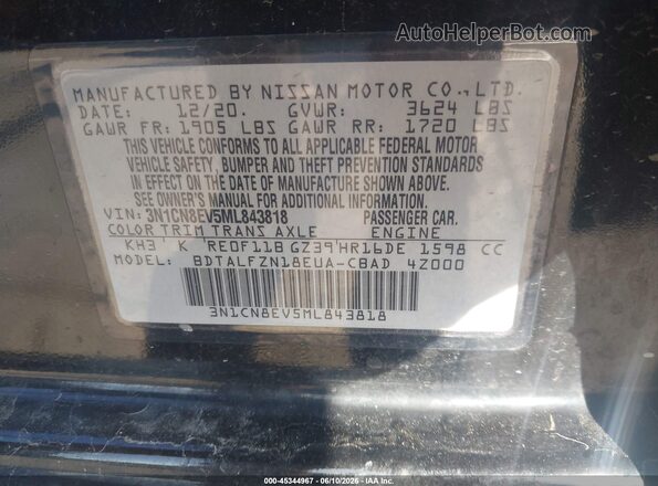 3N1CN8EV5ML843818 2021 NISSAN VERSA Black VIN კოდის სტიკერის ხედი