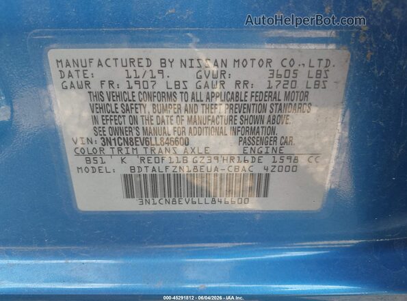 3N1CN8EV6LL846600 2020 NISSAN VERSA Blue Շարժիչի բաժամունքի տեսք