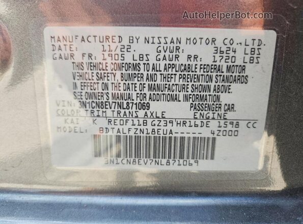 3N1CN8EV7NL871069 2022 NISSAN VERSA Gray 