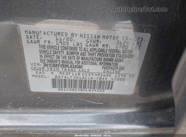 3N1CN8EV8ML834580 2021 NISSAN VERSA Silver Widok komory silnika