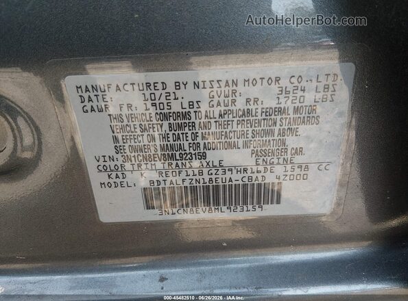 3N1CN8EV8ML923159 2021 NISSAN VERSA Серый Вид подкапотного пространства