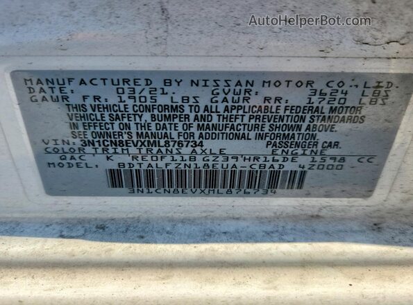 3N1CN8EVXML876734 2021 NISSAN VERSA White Engine compartment view