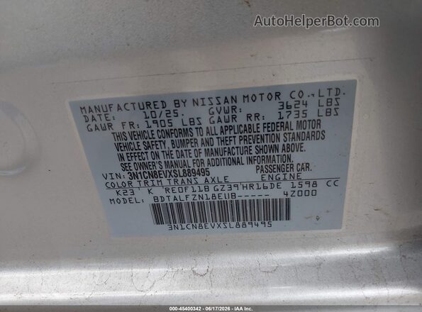 3N1CN8EVXSL889495 2025 NISSAN VERSA Серебряный Вид подкапотного пространства