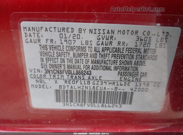 3N1CN8FV0LL866243 2020 NISSAN VERSA Burgundy Widok komory silnika