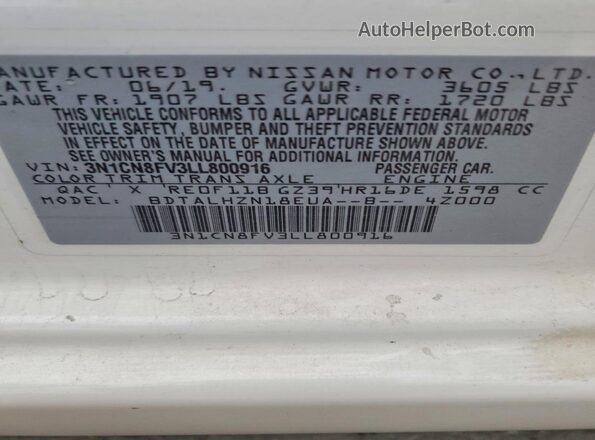 3N1CN8FV3LL800916 2020 NISSAN VERSA White 