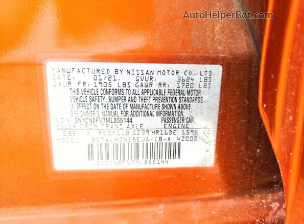 3N1CN8FV7ML855144 2021 NISSAN VERSA Orange VIN კოდის სტიკერის ხედი