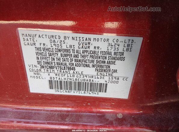 3N1CN8FV7SL876945 2025 NISSAN VERSA Red ძრავის განყოფილების ხედი