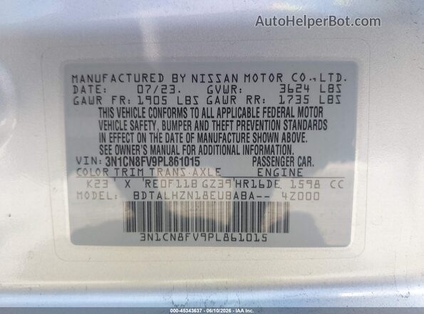 3N1CN8FV9PL861015 2023 NISSAN VERSA Серебряный Вид подкапотного пространства