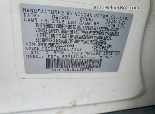 3N1CP5BV0LL527934 2020 NISSAN KICKS White Widok naklejki z numerem VIN