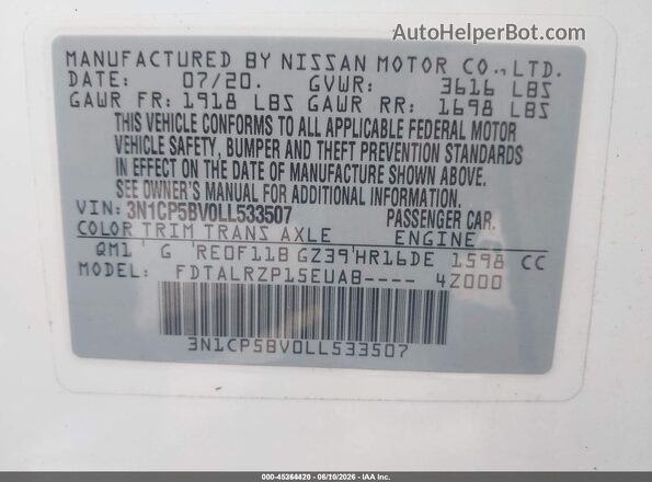 3N1CP5BV0LL533507 2020 NISSAN KICKS White 