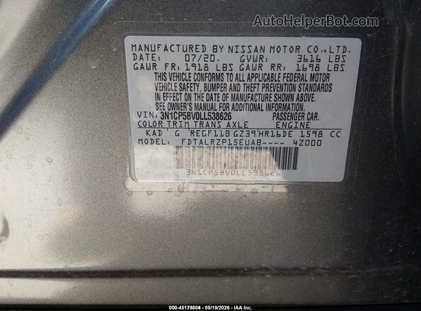 3N1CP5BV0LL538626 2020 NISSAN KICKS Gray 