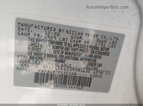 3N1CP5BV0ML464562 2021 NISSAN KICKS White ძრავის განყოფილების ხედი