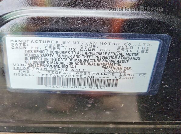 3N1CP5BV0ML493141 2021 NISSAN KICKS Black Вид наклейки з VIN-кодом